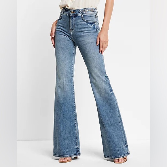 Express Denim - Express 70s Flare Jeans 12R Mid Rise Horsebit Detail Boho Western Retro Denim